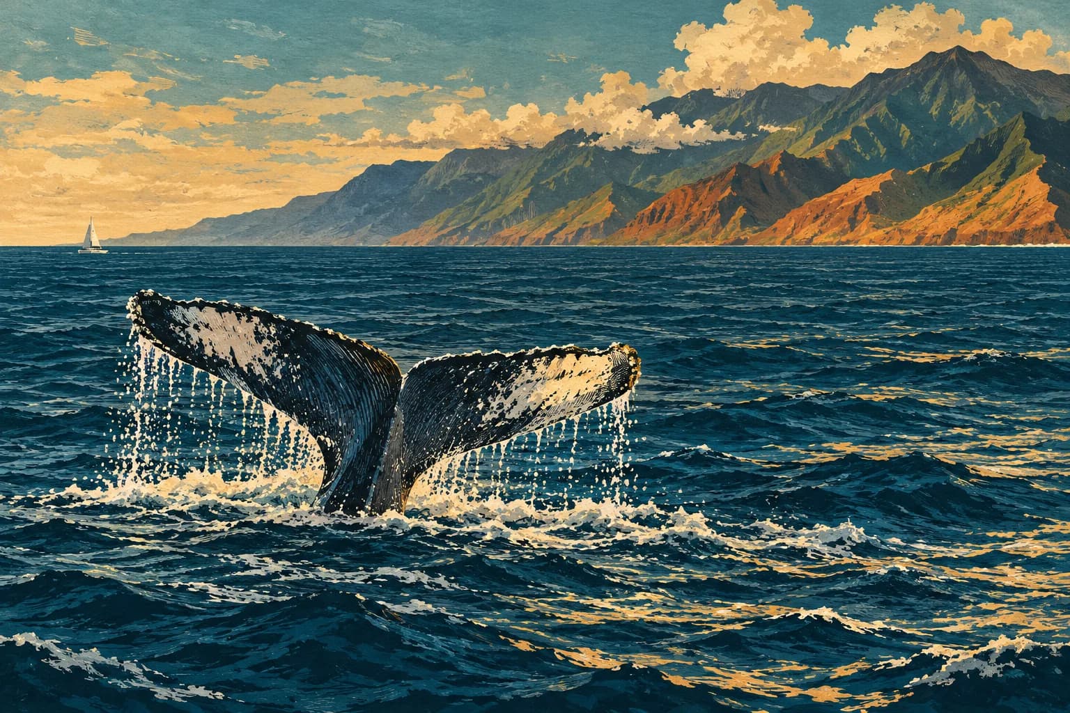 Woodcut-and-gouache illustration of a humpback whale fluke with Maui mountains and a distant catamaran