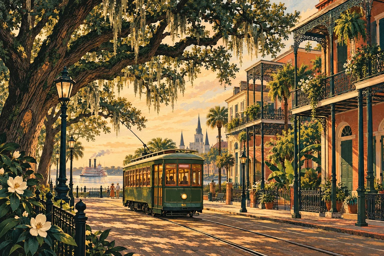 Ink-and-gouache illustration of a New Orleans streetcar, balconies, and distant riverboat