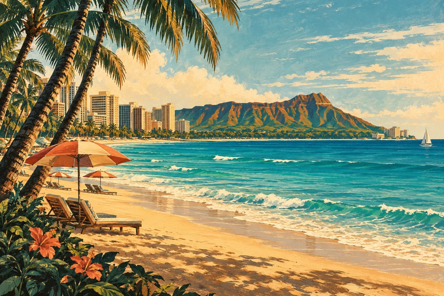 Textured gouache illustration of Waikiki beach and Diamond Head across blue water