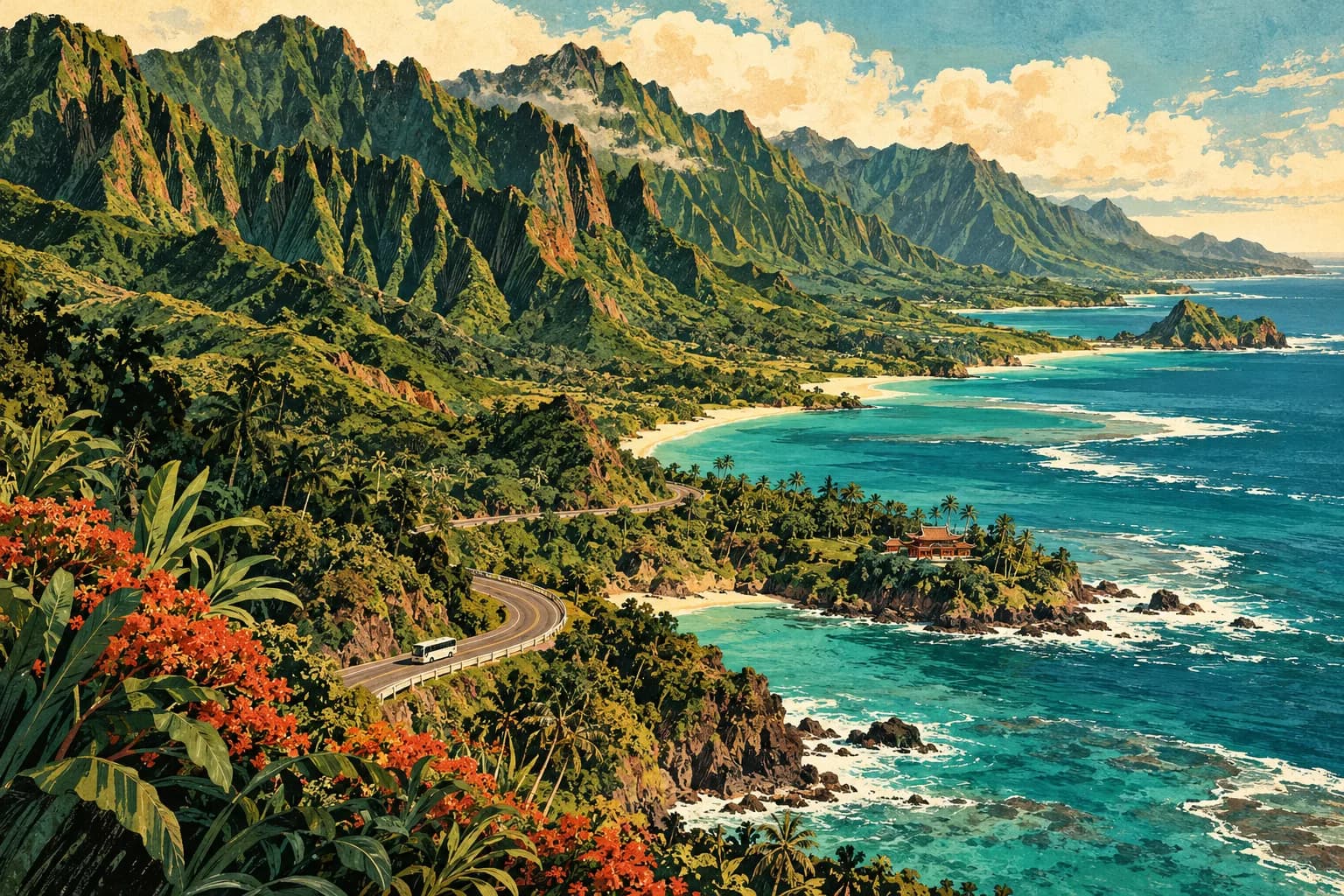 Gouache illustration of Oahu’s windward coast, ridged mountains, and a small tour bus