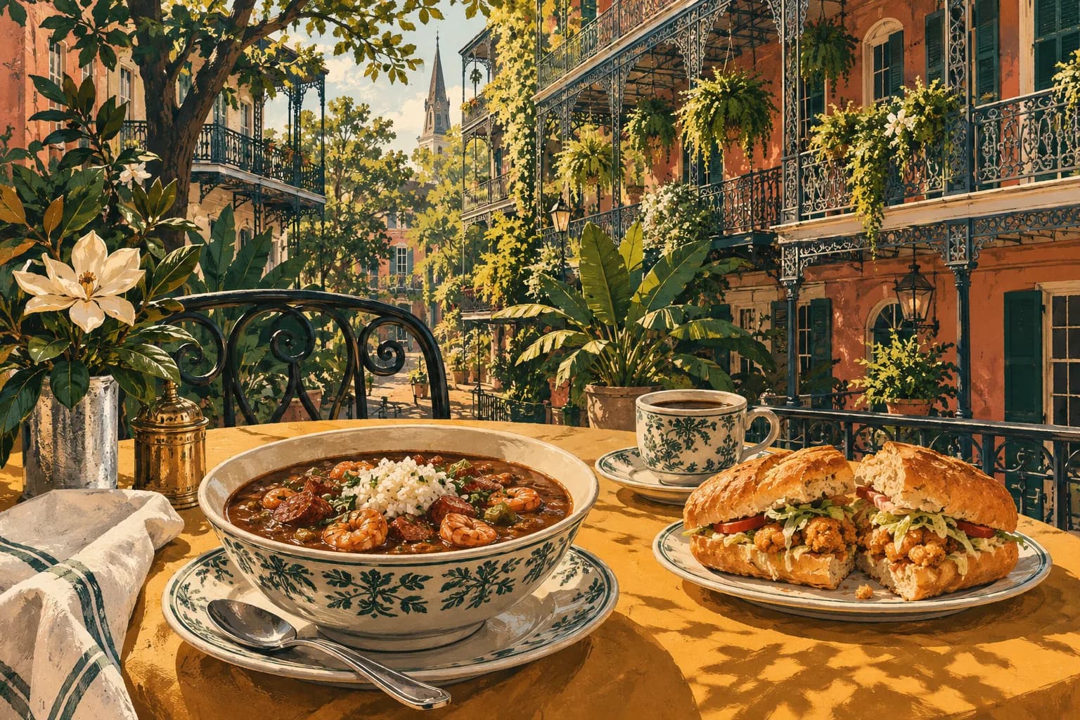 Gouache illustration of a French Quarter food table beneath iron balconies
